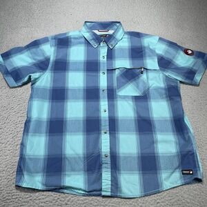 Canada Weathergear Shirt Mens XL Blue Plaid Short Sleeve Button Front Zip Pocket